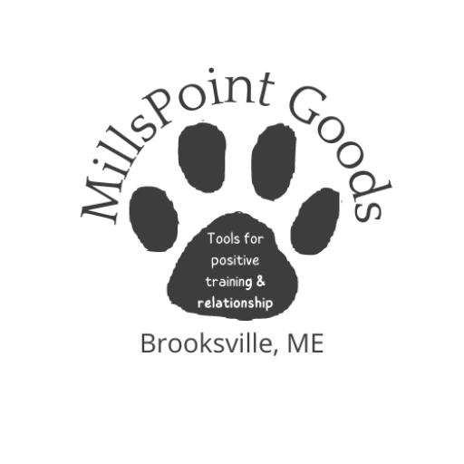 picture of a puppy paw with MillsPoint Goods printed in arch over the paw, Brooksville ME underlining the paw, and in the center part of the paw "Tools for positive training & relationship. Brown and white